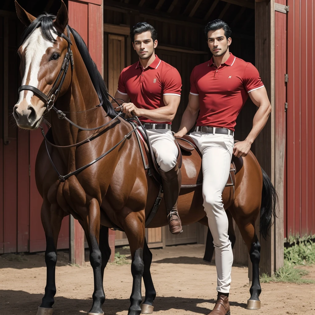 portrait headshot of a A tall 27 year old man in a red and white long sleve polo shirt and white ridding pants and knee length  black boots. Holding a black horse by the harness with his left hand. He has black hair, brown eyes and light tan skin. He is muscular, athletic, and strong. In the background is a stable is a building in which livestock, especially horses, are kept.