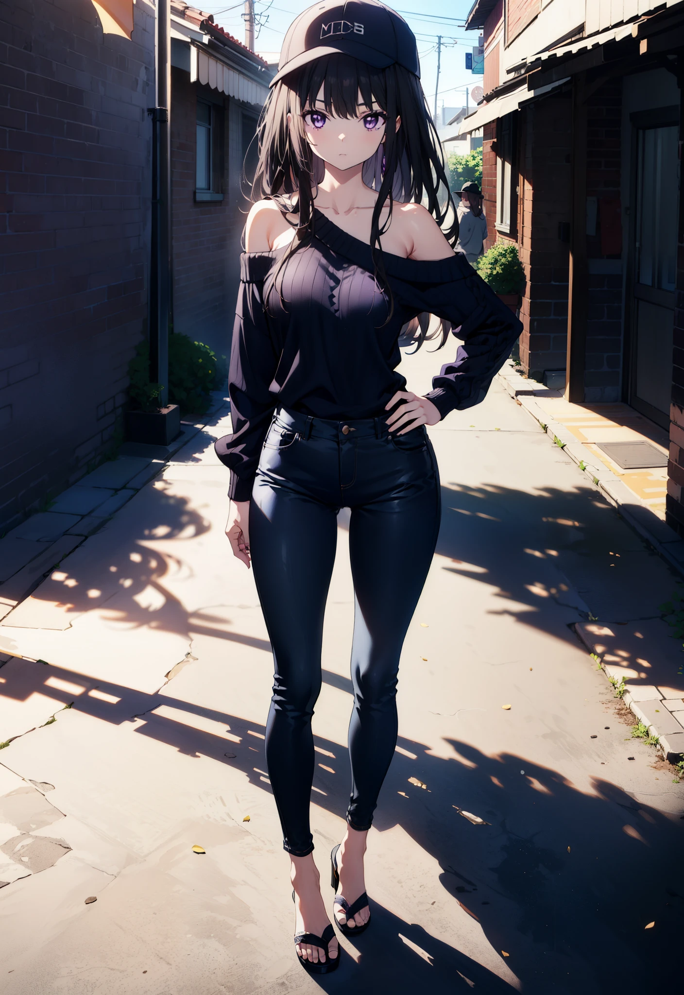 Takiuchikami, Long Hair, bangs, Black Hair, (Purple eyes:1.2),Baseball hats,Blue one-shoulder sweater,Skinny jeans,Stiletto heels,Place one hand on hip,Are standing,whole bodyがイラストに入るように,Daytime,
break outdoors, Building district,
break looking at viewer, whole body,
break (masterpiece:1.2), Highest quality, High resolution, unity 8k wallpaper, (figure:0.8), (Beautiful attention to detail:1.6), Highly detailed face, Perfect lighting, Highly detailed CG, (Perfect hands, Perfect Anatomy),