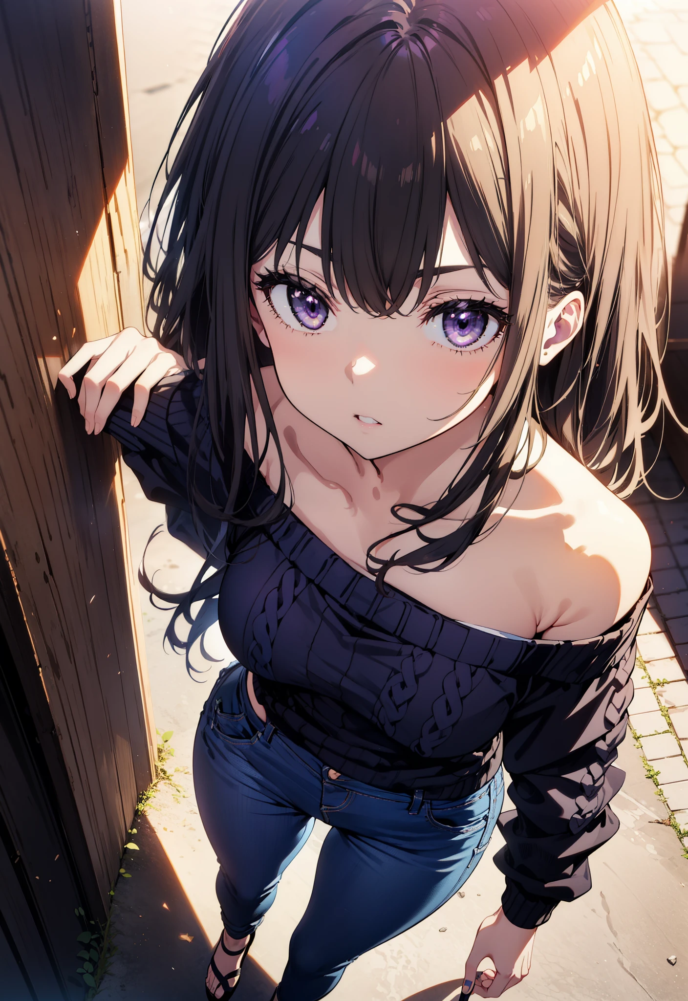 Takiuchikami, Long Hair, bangs, Black Hair, (Purple eyes:1.2),Baseball hats,Blue one-shoulder sweater,Skinny jeans,Stiletto heels,Place one hand on hip,Are standing,whole bodyがイラストに入るように,Daytime,
break outdoors, Building district,
break looking at viewer, whole body,
break (masterpiece:1.2), Highest quality, High resolution, unity 8k wallpaper, (figure:0.8), (Beautiful attention to detail:1.6), Highly detailed face, Perfect lighting, Highly detailed CG, (Perfect hands, Perfect Anatomy),