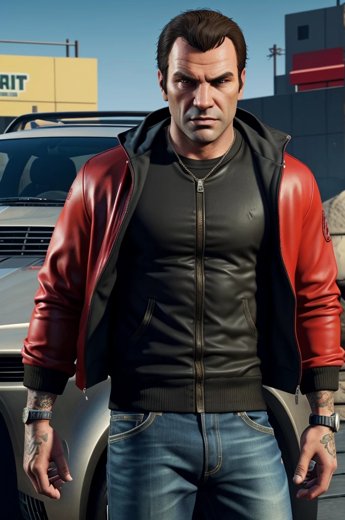 a man in a red jacket standing next to a lion and a red sports car, gta, gta 6 leak, car trading game, mobile game, youtube thumbnail, gameplay video, mobile game style, gameplay, gta 6 gameplay, grand theft auto style, style of gta v, grand theft auto video game, 2 d game art gta cover, 2d game art gta cover, gta 5, gta5, 2d game art gta5 cover, next gen game, game, code