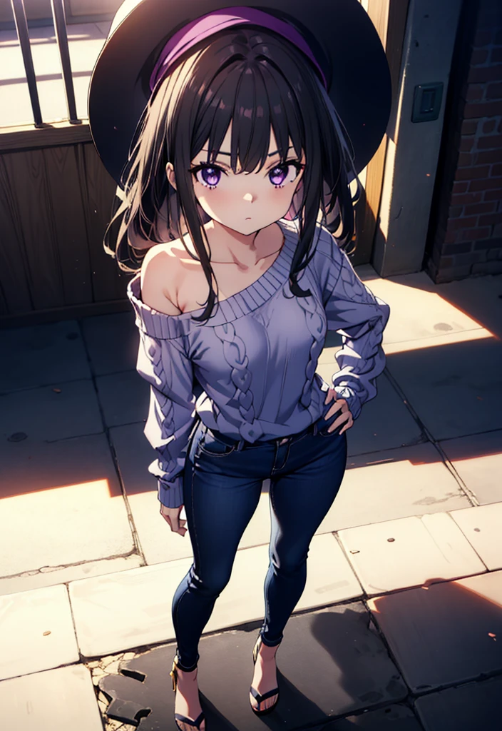 Takiuchikami, Long Hair, bangs, Black Hair, (Purple eyes:1.2),Baseball hats,Blue one-shoulder sweater,Skinny jeans,Stiletto heels,Place one hand on hip,Are standing,whole bodyがイラストに入るように,Daytime,
break outdoors, Building district,
break looking at viewer, whole body,
break (masterpiece:1.2), Highest quality, High resolution, unity 8k wallpaper, (figure:0.8), (Beautiful attention to detail:1.6), Highly detailed face, Perfect lighting, Highly detailed CG, (Perfect hands, Perfect Anatomy),