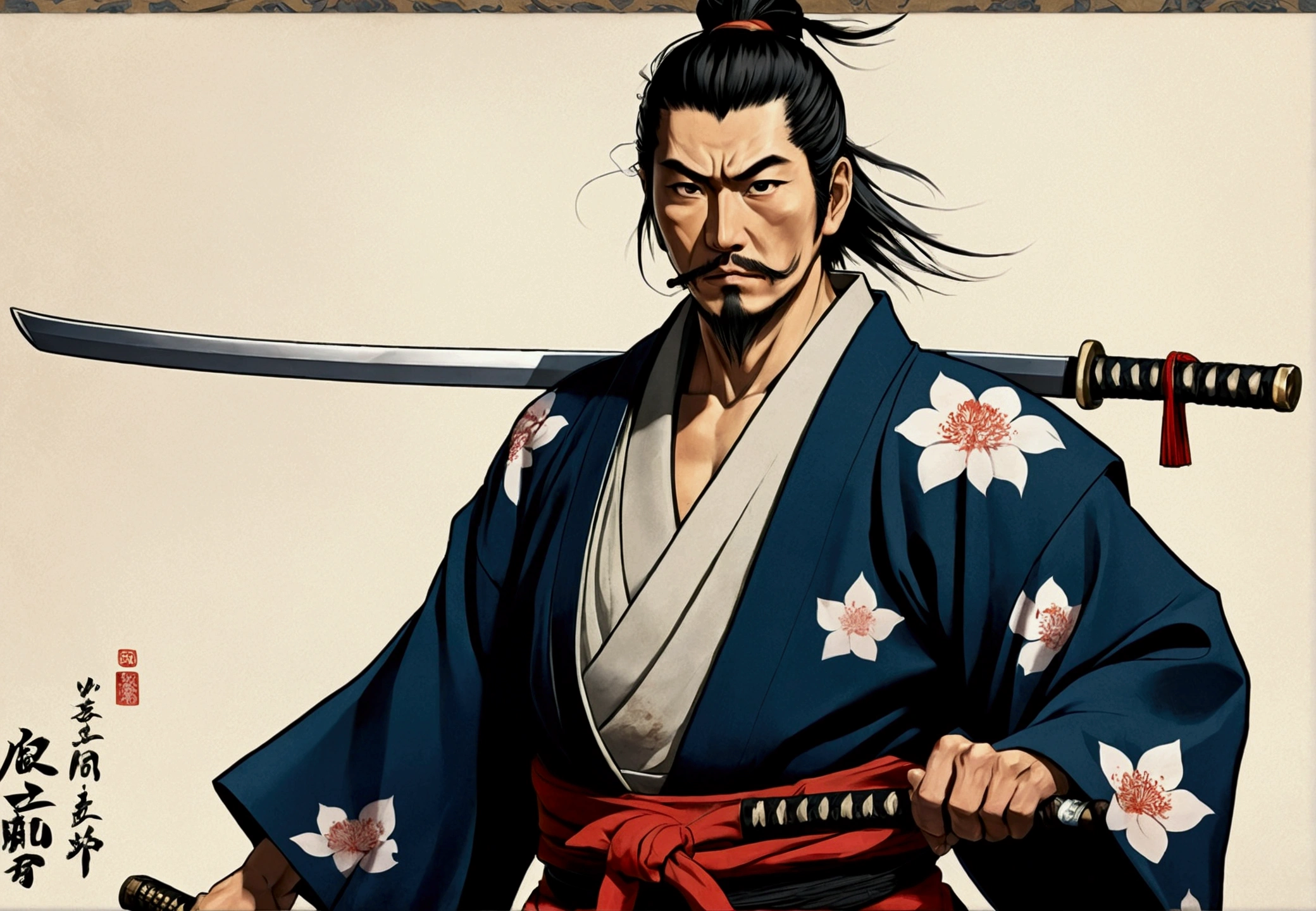 Japanese Samurai。He has a look of dignified, manly determination.，Short black hair and a short, neatly trimmed beard。He was wearing a tattered kimono on his chest and back.。He holds a Japanese sword in his right hand。With the highest quality，A high-resolution ukiyo-e style masterpiece of lightning and swirling flameiyamoto Musashi stood there，face and body facing forward，Keep your back straight。