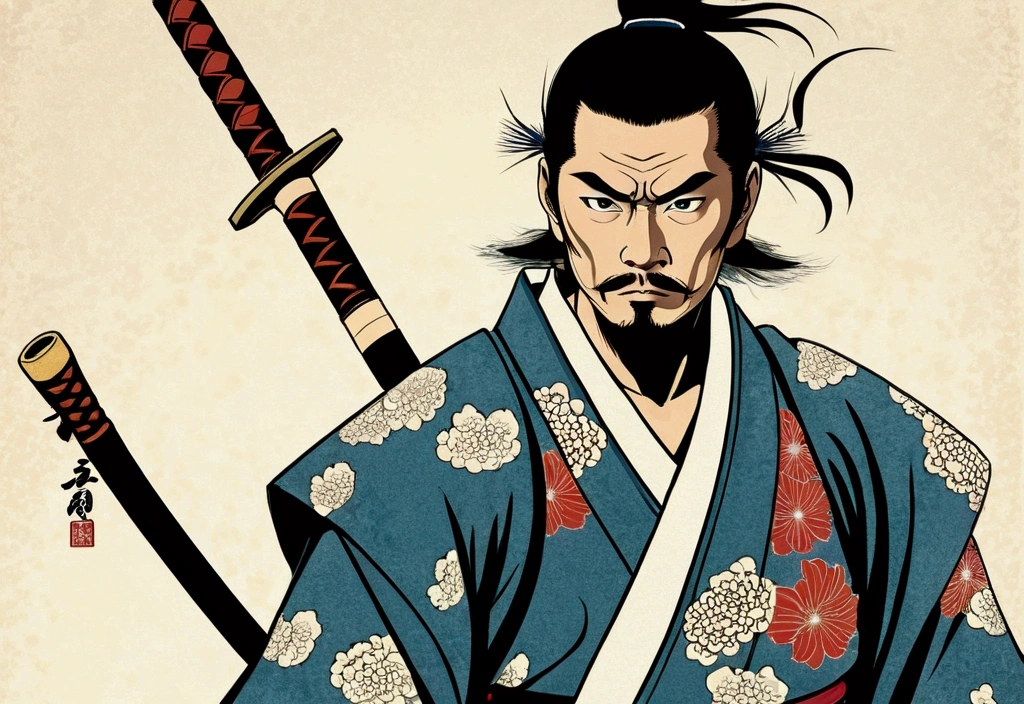 Japanese Samurai。He has a look of dignified, manly determination.,Short black hair and a short, neatly trimmed beard。He was wearing a tattered kimono on his chest and back.。He holds a Japanese sword in his right hand。With the highest quality,A high-resolution ukiyo-e style masterpiece of lightning and swirling flameiyamoto Musashi stood there,face and body facing forward,Keep your back straight。