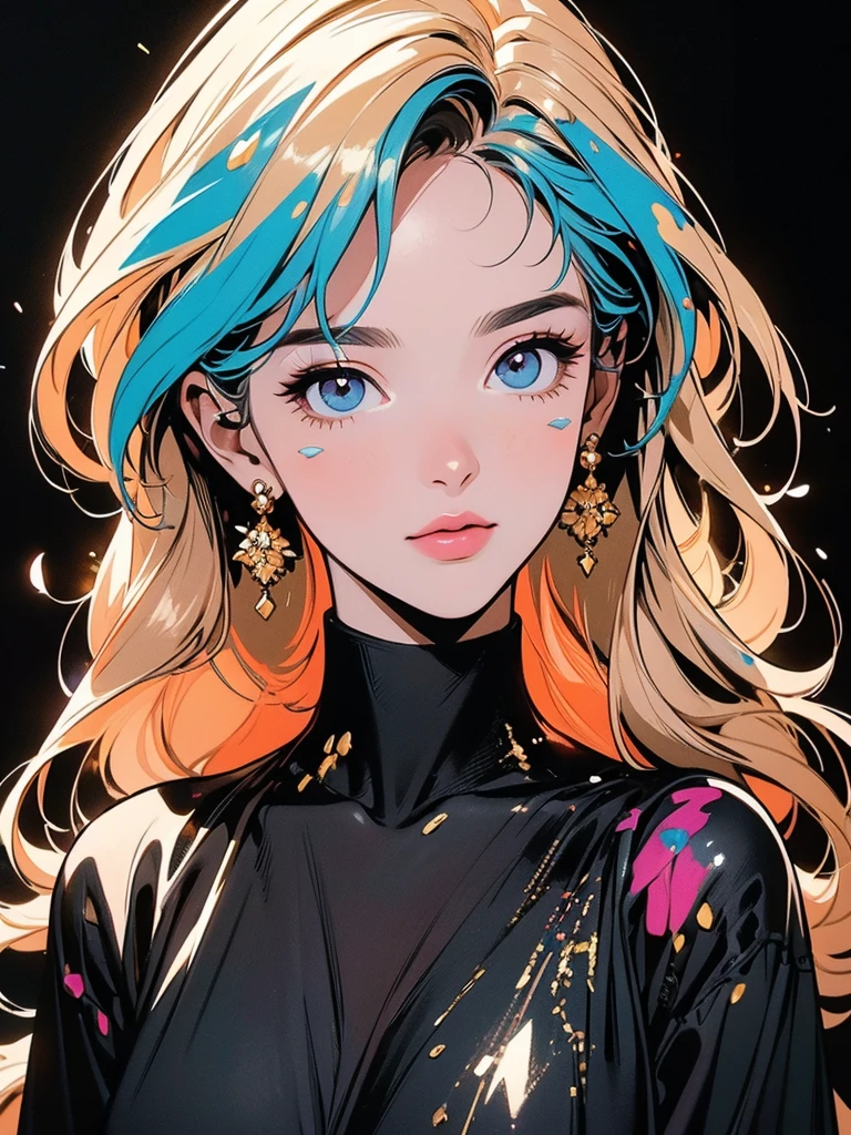 (Candid woman full head), head tilt, Brilliant, Super detailed face and eyes, Dripping Paint, Complex, wonderful, Fantastic, Gold leaf trim, Magic, Masterpiece Painting, Super detailed, Enchanting, intense, Scattered Light, constructed using the golden ratio, Awards, Perfect composition, Ultra HD, 8K, Realistic, Very detailed, One woman, (((full body))),(((black background)), (((splattering Colorful Paint)))
