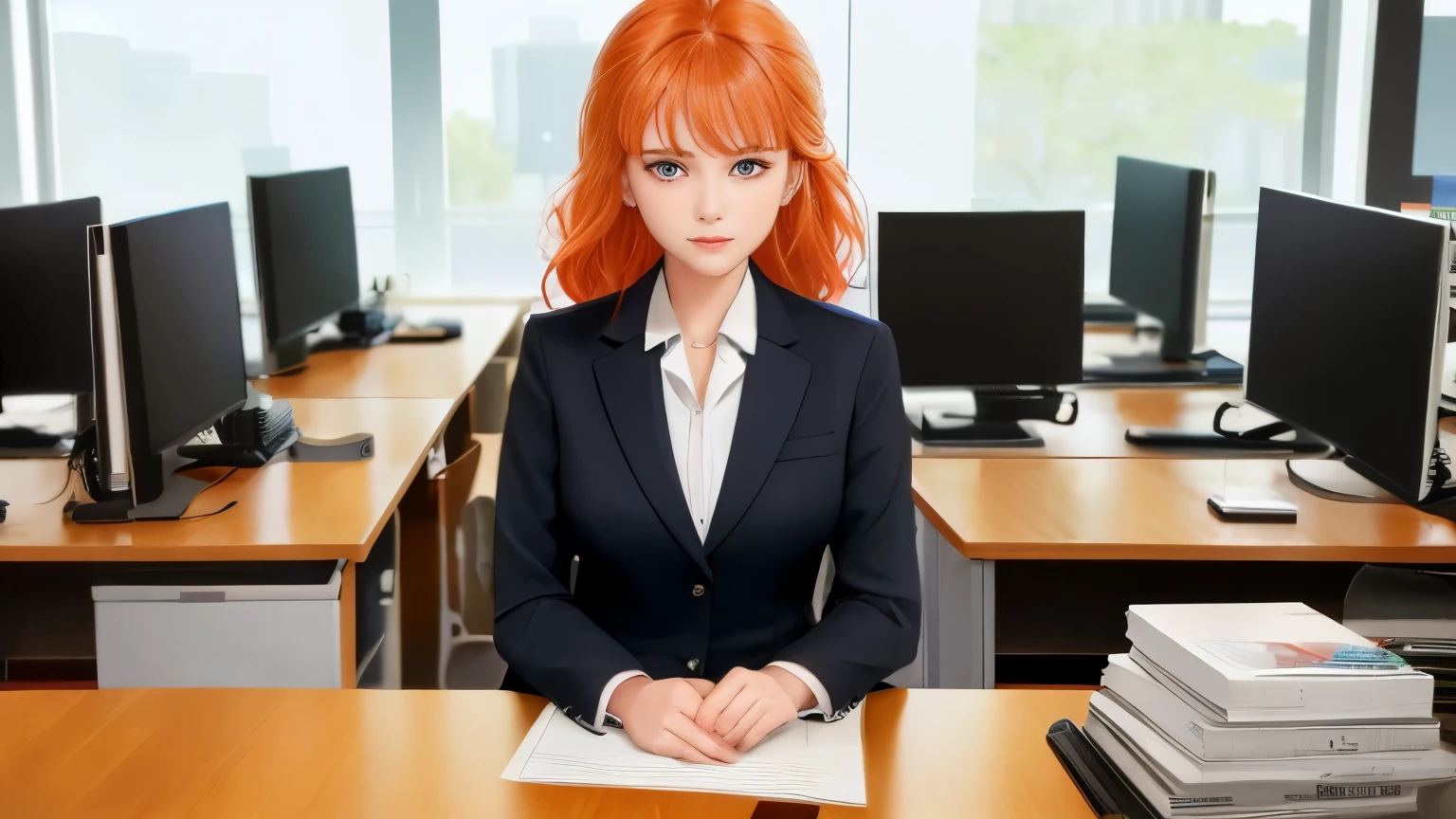 /draw orange hair woman green eyes sitting at desk talking on telephone with computer monitor, 1 9 8 0 s vaporwave business fashion, business woman, 1 9 8 0 s woman, woman in business suit, young business woman, denis velleneuve, female in office dress, sat at her desk, female lawyer, wearing a strict business suit, serious business, working hard, portrait of kim wexler