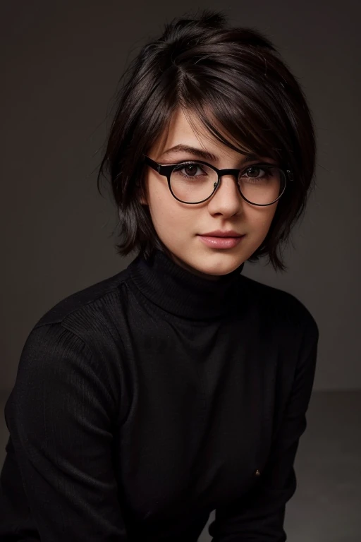 B&W photo, masterpiece, Humanity, Charming chubby Russian fashion model 22 years old with aesthetic small breasts, round face, round cheeks, round chin, beautiful proportional small wide nose, dark brown eyes, long eyelashes, Sarcastic Look, glasses with lenses, plump sensual lips, ironic one-sided half-smile, very tousled dark brown tousled short hair, spiky tousled hair, black turtleneck sweater, gray background Portrait-Medium plan