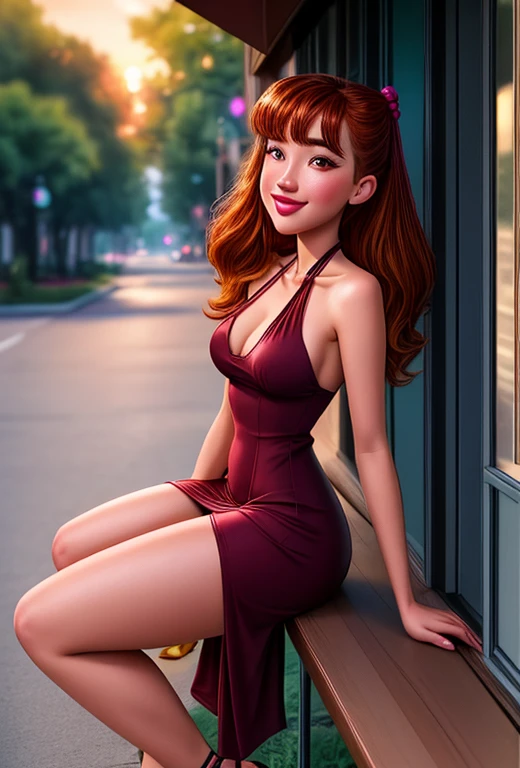 1girl, solo, julia, ((smile)), (college student, college age:1.4), intricate, absurdres, highest quality, extremely detailed, (detailed eyes:1.3), masterpiece, 8k UHD, 4k HDR, RAW photograph, wearing a ((sexy halter dress)), (strappy high heel sandals:1.2), perfect perky breasts, (hairflower, sunshine, beautiful atmosphere), sitting on a bench, film, analog film, sunset, hard light, soft light, dramatic lighting, neon lights, red light, blue light, green light, purple light, agfa ultra, classic chrome, ektachrome, eterna, fujicolor c200, kodachrome , kodak portra 400, fujicolor superia 1600, kodacolor, fujifilm xt3, film grain, polaroid, colored gels, depth of field, dim light, golden hour, color grading, bokeh, RAW