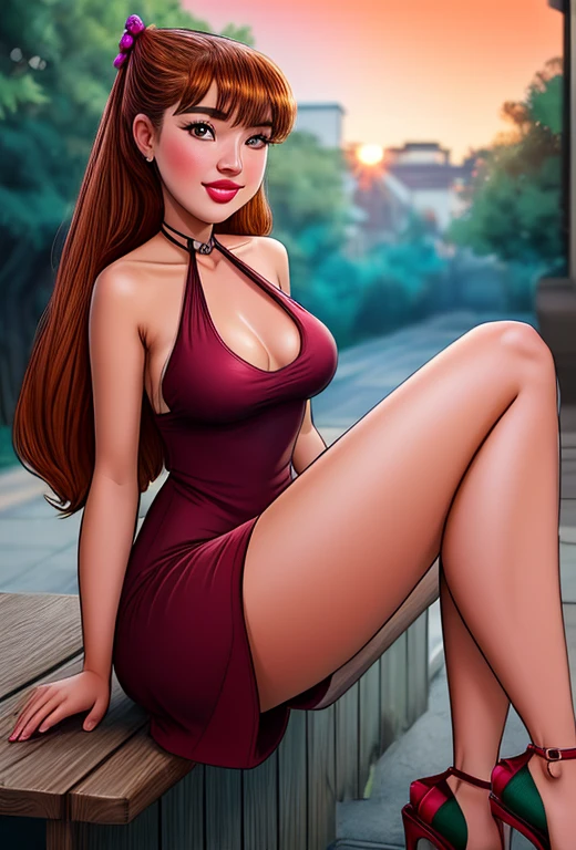 1girl, solo, julia, ((smile)), (college student, college age:1.4), intricate, absurdres, highest quality, extremely detailed, (detailed eyes:1.3), masterpiece, 8k UHD, 4k HDR, RAW photograph, wearing a ((sexy halter dress)), (strappy high heel sandals:1.2), perfect perky breasts, (hairflower, sunshine, beautiful atmosphere), sitting on a bench, film, analog film, sunset, hard light, soft light, dramatic lighting, neon lights, red light, blue light, green light, purple light, agfa ultra, classic chrome, ektachrome, eterna, fujicolor c200, kodachrome , kodak portra 400, fujicolor superia 1600, kodacolor, fujifilm xt3, film grain, polaroid, colored gels, depth of field, dim light, golden hour, color grading, bokeh, RAW