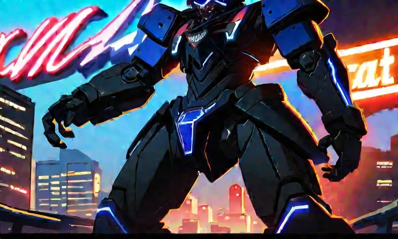 Mech suit, standing, viewing the city,, Vancouver, high-quality artwork, metal armour, intense lighting, cityscape background, heroic pose, dramatic shadows, black suit with red neon lights, hockey helmet with blue visor, video game, blue electric fists, graphic novel style