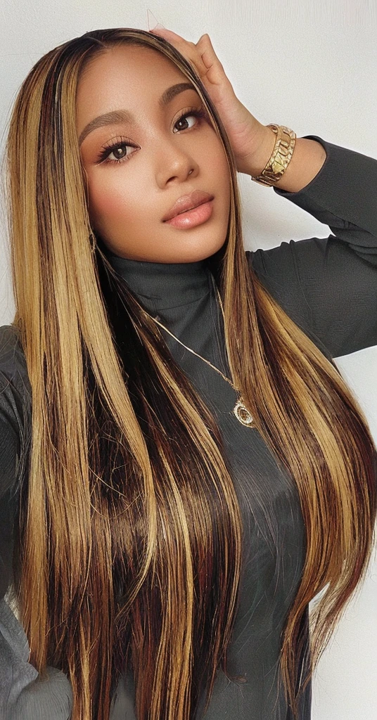 a close up of a woman with long hair wearing a black top, perfect silky straight hair, two color hair, silky texture, silky straight hair, brunette with dyed blonde hair, golden straight hair, brown long and straight hair, straight hairstyle, inspired by Nyuju Stumpy Brown, auburn and blonde two toned hair, inspired by Tina Blondell, dramatic highlights