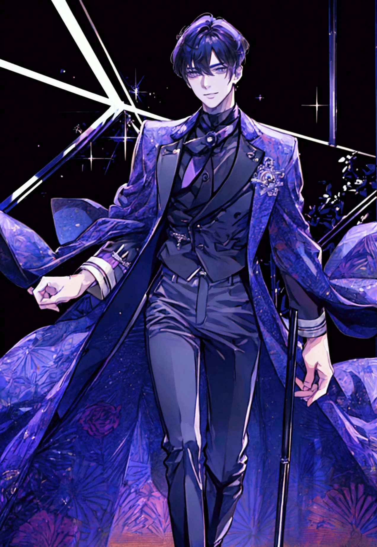 masterpiece,best quality,high quality,(((( one male handsome man, adult age 30, one solo )))), purple eyes, cool with suspended eyes, V-shaped eyebrows, body strong and fearless 8.5 head tall, 185 cm, well-groomed black short hair to neck, (((bangs in 73rd parted))), slender nose, facial muscles, throat, (((idol fashion, trousers))), spare smile, (singing), (((background idol stage)))