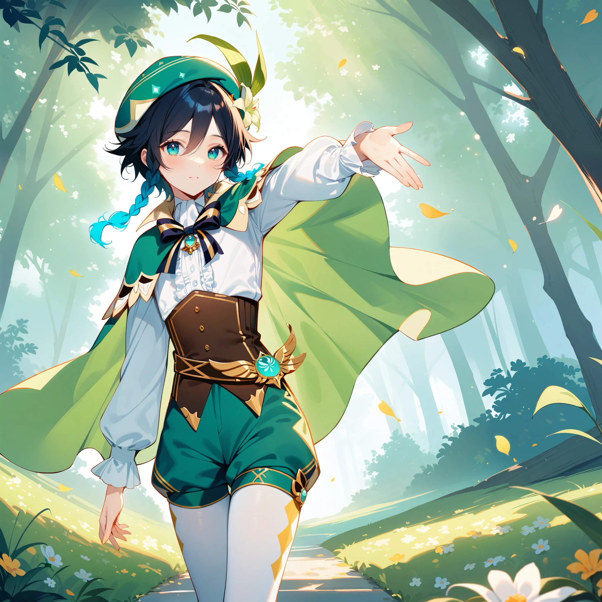 (best quality,4k,8k,highres,masterpiece:1.2),1boy,venti genshin impact,male focus,flat chest,ultra-detailed,realistic:.5,(dsmile:0.5),morning of spring,delicate light rays,rich color palette,elegant curves,effects of light and shadow,flower petals falling,springtime essence,ethereal atmosphere,peaceful garden background,morning dew,soft sunlight filtering through trees,lush plants,komorebi,vividly colored blossoms,transcendent beauty,awe-inspiring artwork,white long-sleeved shirt, brown corset,green shorts, white tights,green cape,hat,brooch,green eyes,wise and kind god,cinematic lighting, ray tracing, UHD, high details, high quality, award winning, super detail,wind magic