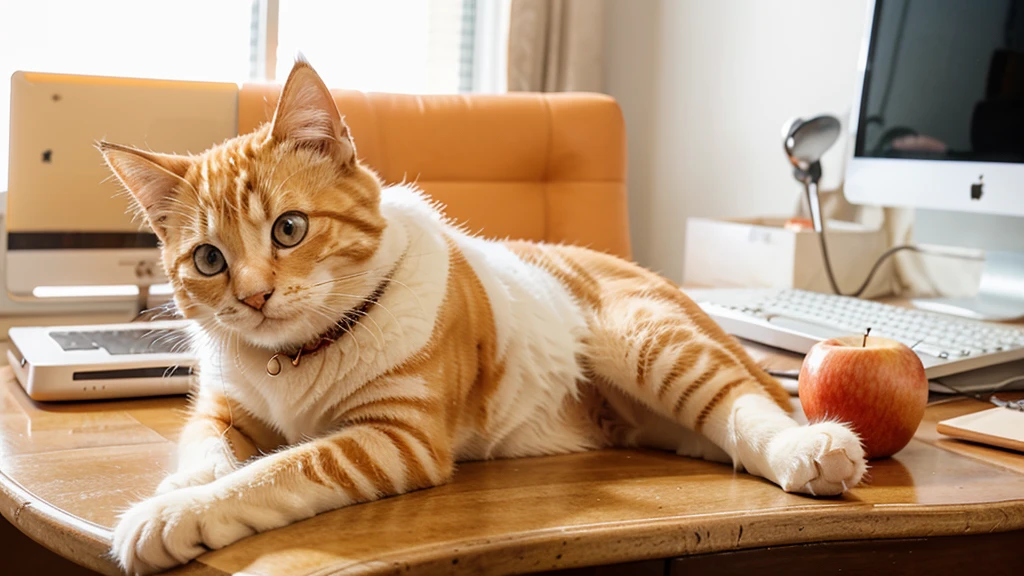 a beautiful orange and white kitten with perfectly round white paws in a loafing position laying down with a red apple under his chin next to a macbook on the desk