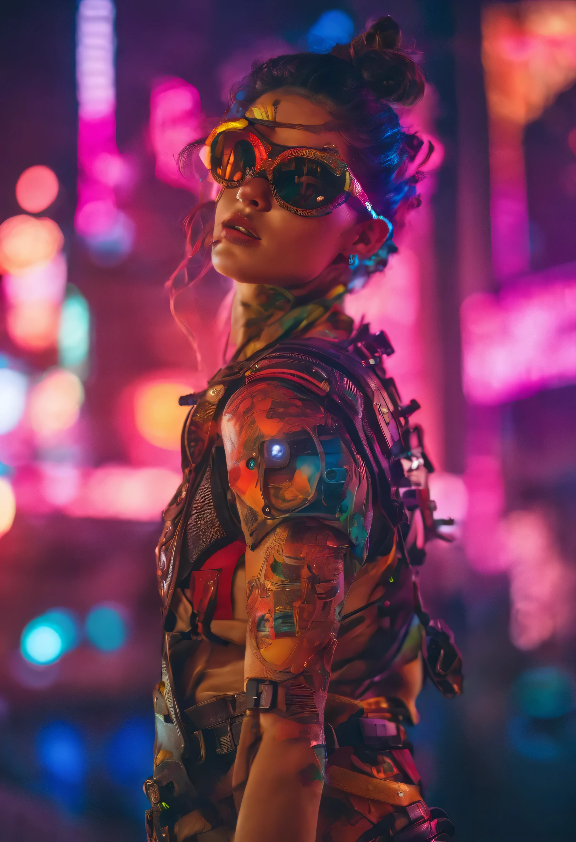 (highy detailed: 1.2), (canon EOS R6 best quality: 1.2), (8k: 1.0), (emb-rrf-low: 1.0), (lots of large black tattoos on open cybernetic head in the middle showing the inside, face detailed, Hyper detailed eyes and wearing high-tech sunglasses with holographic display 1.2), sharp focus (awarded photo: 1.2), (subsurface scatter: 1.2), (subsurface scatter: 1.2). 1.1) (a beautiful ultra-detailed cyborg: 1.2), ( hyper-detailed hair: 1.2), (wonderful body: 1.2), (fully body: 1.2), (Dynamic Stance :1.2), neon glow, (Detailed cybernetic eyes:1.1), Close-up (hyperrealisti:1.2), RPG, cyberpunk style 2077, dramatic lighting, (highly detailed futuristic cityscape:1.2), (scientific fiction: 1.2). 1.2), professional portrait photograph, por wlop greg rutkowski, jeffrey simpson, Alphonse Mucha's