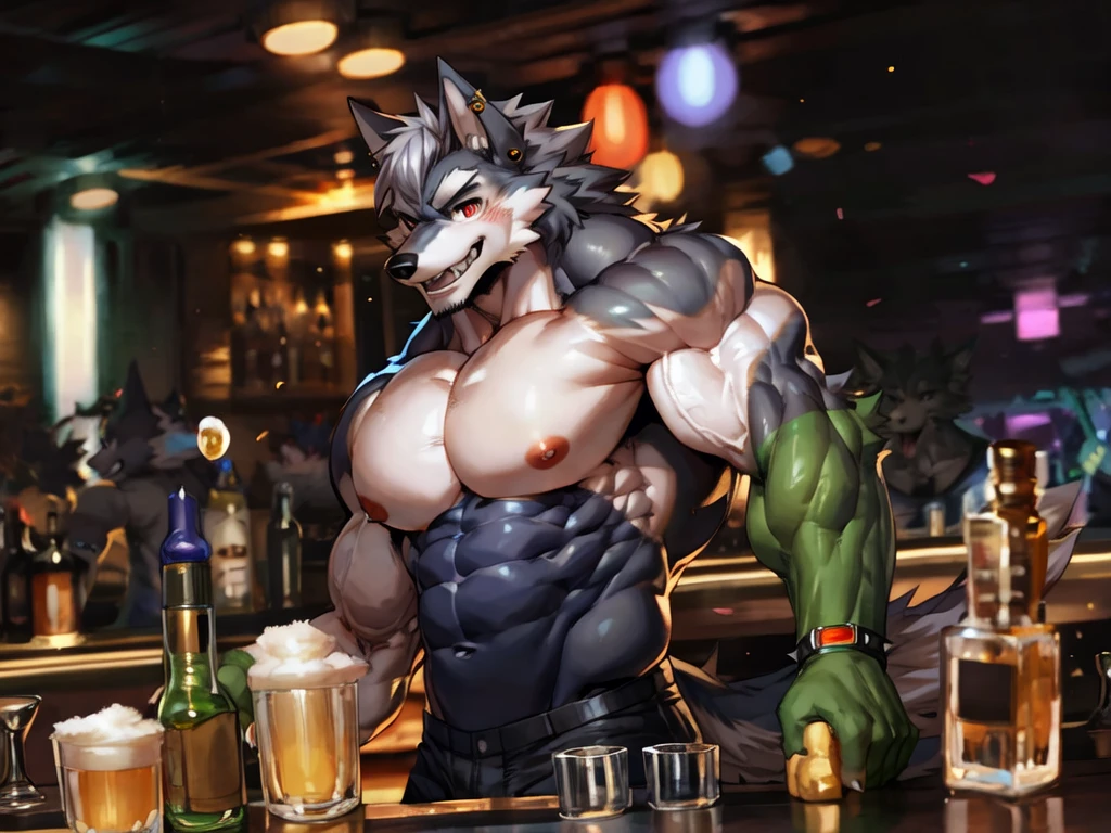 ((trending on E621, trending on Furaffinity digital media, trending on Artstation, trending on twitter , digital painting, digital media, digital paint, digital illustration, (((masterpiece))) BREAK ((by vorusuarts, by kuroma, by nullghost, by raccoon21,by rabbity,by booboo)) , BREAK (((((((muscles))))))) ((((((anthro, anthrofield, wolf)))))) | break | handsomeface,((((((elderlyface)))))), age_up_face , (((wildface)))))))), ((((((((charming)))))))) BREAK (((((hyperpecs:1.4)))))))), (((detailed eyes,red_eyes:1.8))) | (((gray fur | finger claw | )))) | (((((((( gray hair | black eyebrow | short hair | black goatee hair | spiky_black_Ear_piercing))))))))) | BREAK (((((thick eyebrows))))) | BREAK (best quality | 8k | hi-res)) BREAK (((perfect face))) , BREAK((((((Bartender)))))),((((((nightclub_background)))) | BREAK ((Solo:1.8))