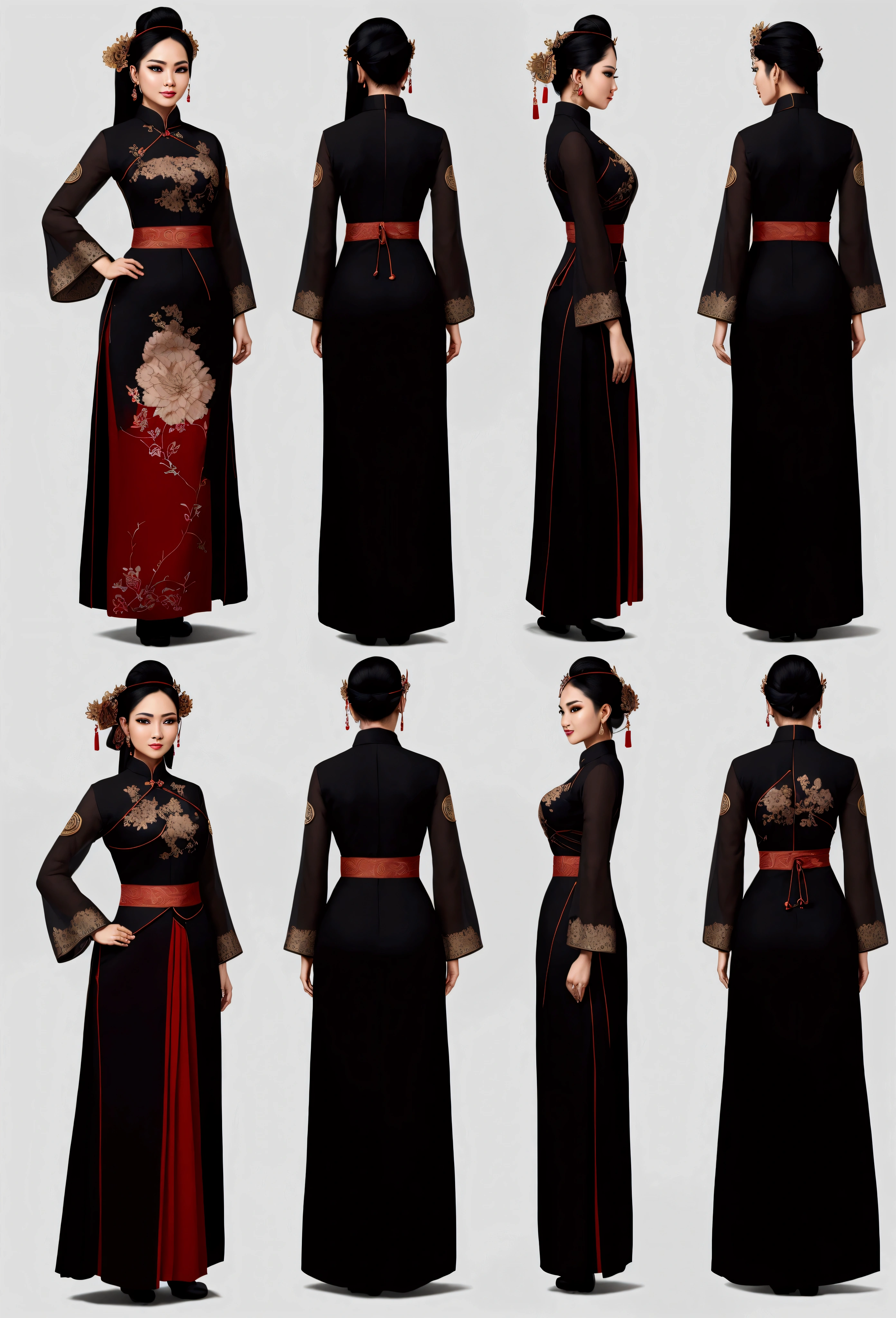 Create a practical yet refined outfit for commoners in a society inspired by puteri gunung ledang with Malaysia Kebaya clothing influences. The clothing should be made from durable, comfortable materials and feature simple yet elegant designs. Utilize shades of black and incorporate triangular motifs in the patterns and embroidery. The outfit should blend the functionality of Malay workwear with the flowing lines of Malaysia Kebaya attire. Accessories should be minimal but functional, such as sashes, simple jewelry, and headbands. The overall look should reflect the commoners' respect for strength and honor, while being suitable for daily activities. reference sheet, character chart, (((three-sided view, front front view, side view, back view, multiple views, multiple poses and expressions, many parts))), give space to each view, 8K resolution, high details, high quality, highres, anatomically correct