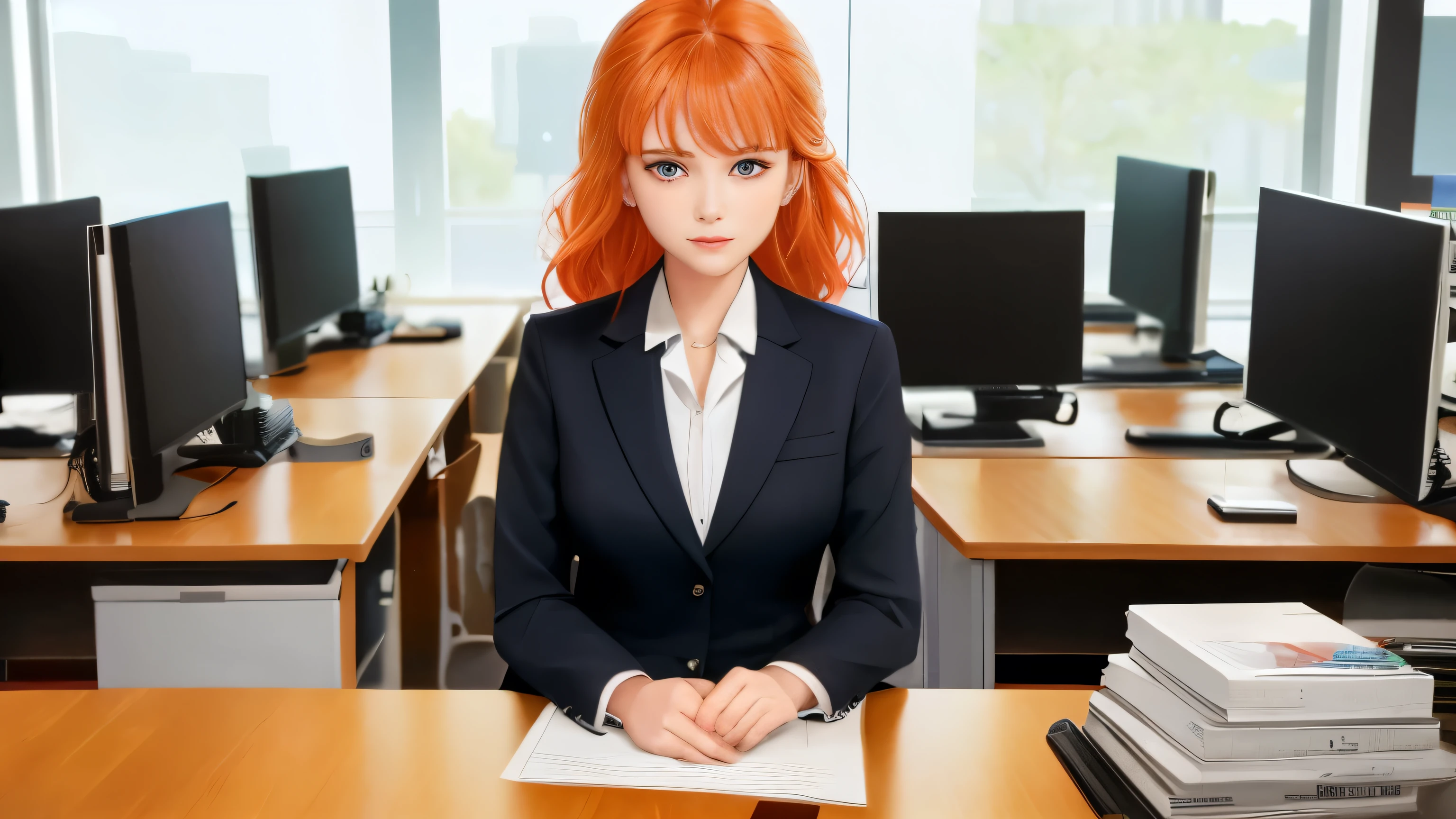 /draw orange hair woman green eyes sitting at desk talking on telephone with computer monitor, 1 9 8 0 s vaporwave business fashion, business woman, 1 9 8 0 s woman, woman in business suit, young business woman, denis velleneuve, female in office dress, sat at her desk, female lawyer, wearing a strict business suit, serious business, working hard, portrait of kim wexler