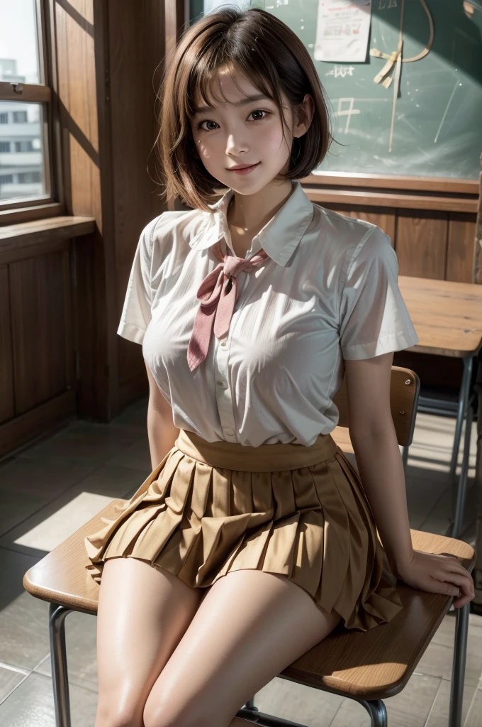 ((Ultra-high resolution photos)), (highest quality:1.2), (Perfect Beautiful Face 1.2), (Perfect and beautiful posture:1.2), (1 Japanese Cute girl:1.5), ((solo:1.5)), (round face:1.2), (Cheerleader:1.2), (cute face), Short woman, ((Big and ample :1.2)), ((Big Ass)), m Muscular body, ((Brown Short Bob Hair:1.2)), Sharp eyes, Looking into the camera, ((Small Head:1.5)), joyful laugh, ((White shirt with ribbon tie)), ((Pleated mini skirt)), (sitting on a chair in the classroom), natural light,