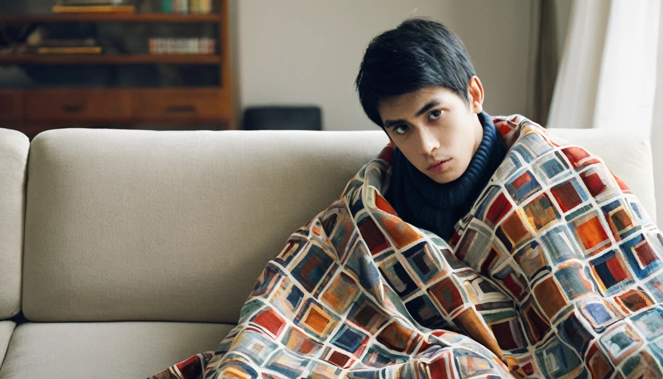 A 20-year-old boy,wrapped in a quilt,sat on the sofa in the living room,facing the camera,with a painful expression,cold and cold.Full-body photo