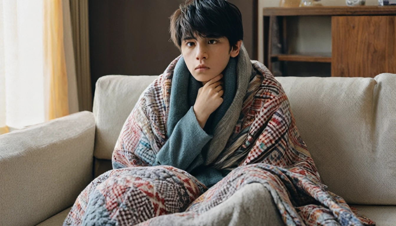 A 20-year-old boy,wrapped in a quilt,sat on the sofa in the living room,facing the camera,with a painful expression,cold and cold.Full-body photo