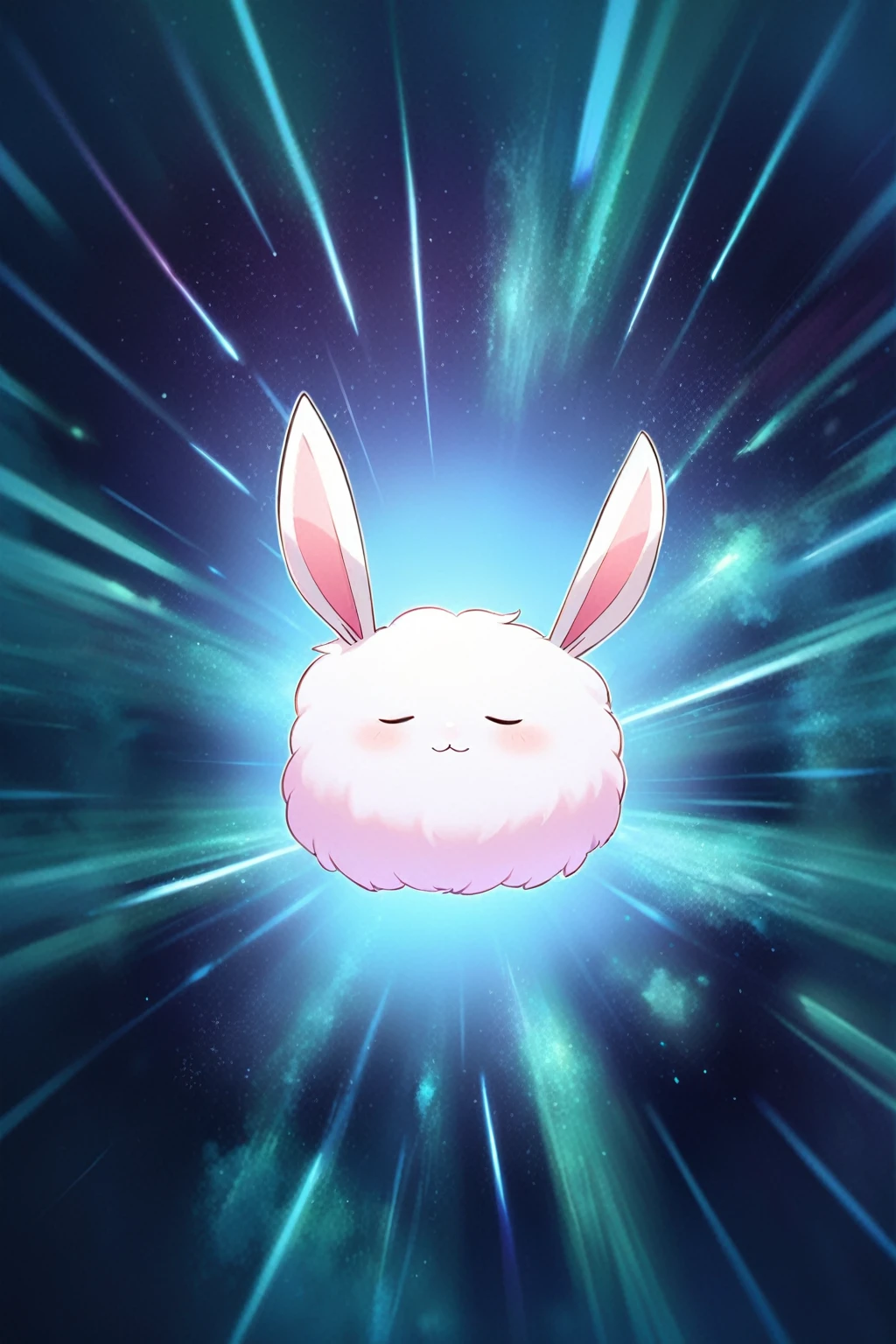 anime, a white rabbit with pink ears and a pink nose, is surrounded by blue rays, the bunny has pink fur, inspired by Kanbun Master, fluffy pink anime clouds, electrixbunny, fluffy full of light, bunny head, the rabbit has pink fur, super fluffy, from league of legends, fluffy!!!, ahri, fluffly!!!, bun )