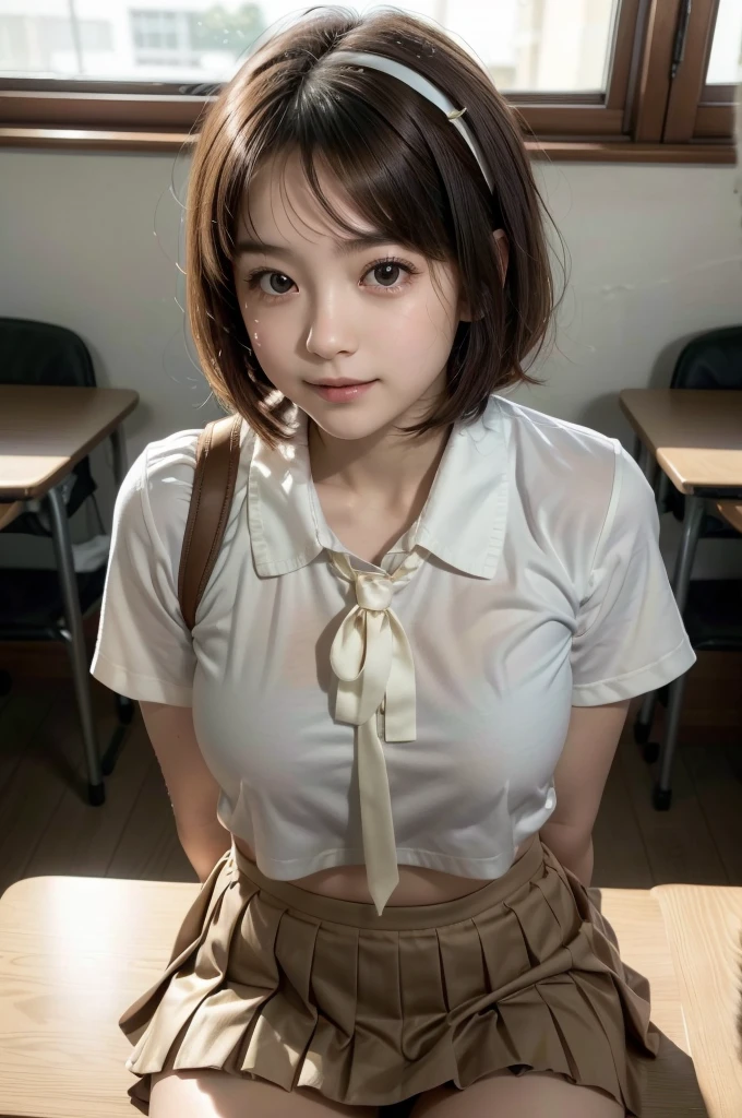 ((Ultra-high resolution photos)), (highest quality:1.2), (Perfect Beautiful Face 1.2), (Perfect and beautiful posture:1.2), (1 Japanese Cute girl:1.5), ((solo:1.5)), (round face:1.2), (Cheerleader:1.2), (cute face), Short woman, ((Big and ample breasts:1.2)), ((Big Ass)), Slim Muscular body, ((Brown Short Bob Hair:1.2)), Sharp eyes, Looking into the camera, ((Small Head:1.5)), joyful laugh, ((White shirt with ribbon tie)), ((Pleated mini skirt)), (sitting on a chair in the classroom), natural light,