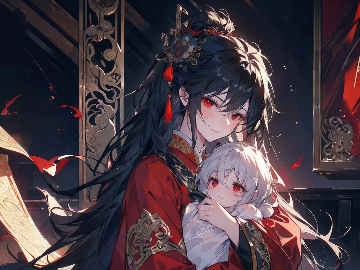 (extremely detailed 8K wallpaper),(ultra-detailed),(best quality),(masterpiece),(highly detailed),(cinematic lighting),(Original),Cold ligh,moody,(Chinese elaborate-style painting ),ink style, black hair, red eyes, sweet smile, sad face, holding her little baby