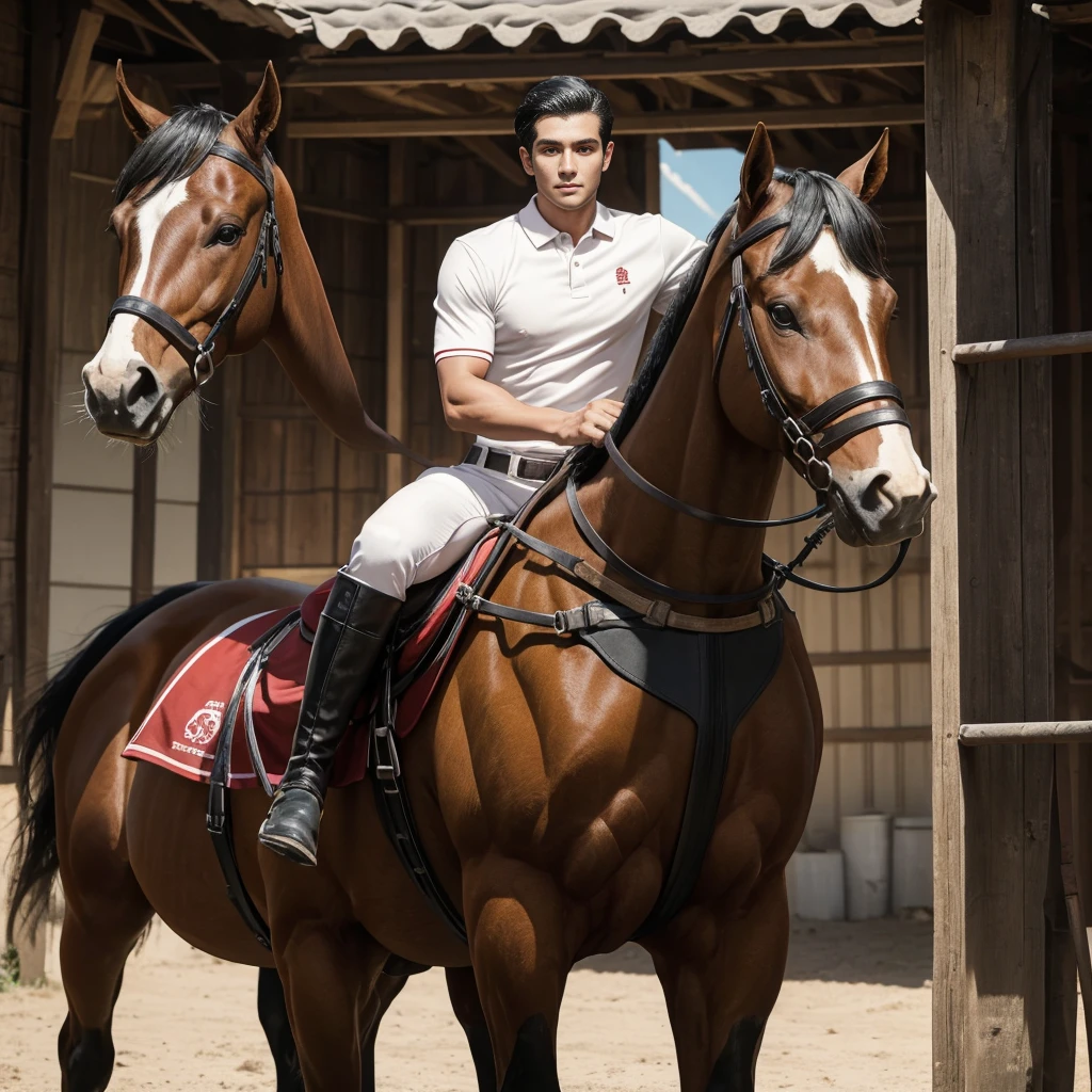 portrait headshot of a A tall 27 year old man in a red and white long sleve polo shirt and white ridding pants and knee length black boots. Holding a black horse by the harness with his left hand. He has black hair, brown eyes and light tan skin. He is muscular, athletic, and strong. In the background is a stable is a building in which livestock, especially horses, are kept.