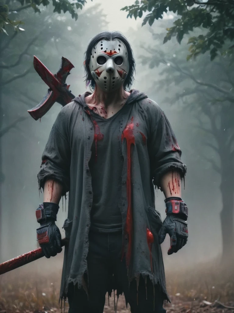 Ultra HD、Amazing image quality,4k、Attacking people、Full Body Shot,Jason,Wearing a hockey mask,I have a chainsaw、Blood splatter on the body、Tattered clotheuscular body,Give the viewer a malicious look, Grabbing Viewer, For the viewer,Misty marshland background
