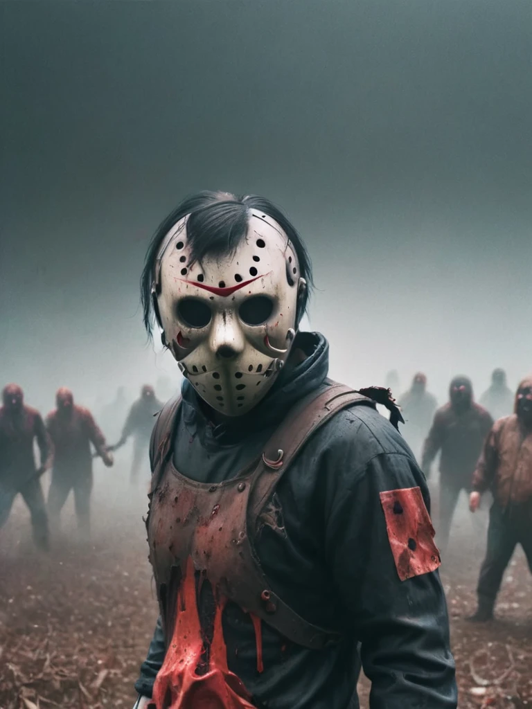 Ultra HD、Amazing image quality,4k、Attacking people、Full Body Shot,Jason,Wearing a hockey mask,I have a chainsaw、Blood splatter on the body、Tattered clotheuscular body,Give the viewer a malicious look, Grabbing Viewer, For the viewer,Misty marshland background
