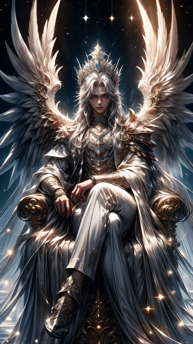 Masterpiece, best quality, high resolution, highly detailed, male, 1 man ( early twenties ), Good looking face,  white long flowing hair ( light in the hair), silver colored eyes ( eyes that glow ), serious expression ( cold look ), pale white skin, the has large angel like wings on his back ( pay attention to the wings ), wearing a white hoodie, and white pants, black watch, surrounded by the splendors of the earth, wearing a crown made of transparent diamonds and sitting on a silver throne, pay attention to stunning details, and achieve a resolution of 128k, floating in a dynamic pose, high quality, with a majestic aura of authority.