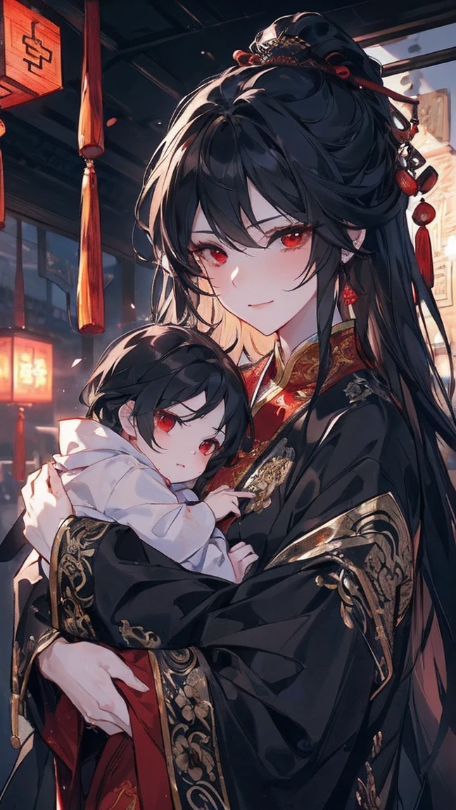 (extremely detailed 8K wallpaper),(ultra-detailed),(best quality),(masterpiece),(highly detailed),(cinematic lighting),(Original),Cold ligh,moody,(Chinese elaborate-style painting ),ink style, black hair, red eyes, sweet smile, sad face, holding her little baby