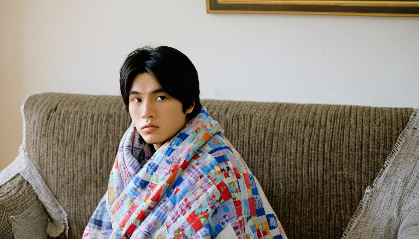 Asian，A 20-year-old boy,wrapped in a quilt,sat on the sofa in the living room,facing the camera,with a painful expression,cold and cold.Full-body photo