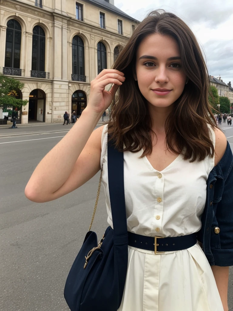 Madeline Lewis, 1girl, solo, (((consistent face and image))), ((brunette hair)), ((cranky hair)), ((20 years old)), realistic, photorealistic, short hair, (((Caucasian mature woman))), (Swiss woman), (Swiss nose), (Swiss thick lips), posing outside the Iconic landmark of France, smirking, standing, wearing In style in trend Generation-Z modern wear different colored,