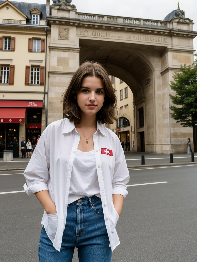 Madeline Lewis, 1girl, solo, (((consistent face and image))), ((brunette hair)), ((cranky hair)), ((20 years old)), realistic, photorealistic, short hair, (((Caucasian mature woman))), (Swiss woman), (Swiss nose), (Swiss thick lips), posing outside the Iconic landmark of France, smirking, standing, wearing In style in trend Generation-Z modern wear different colored,
