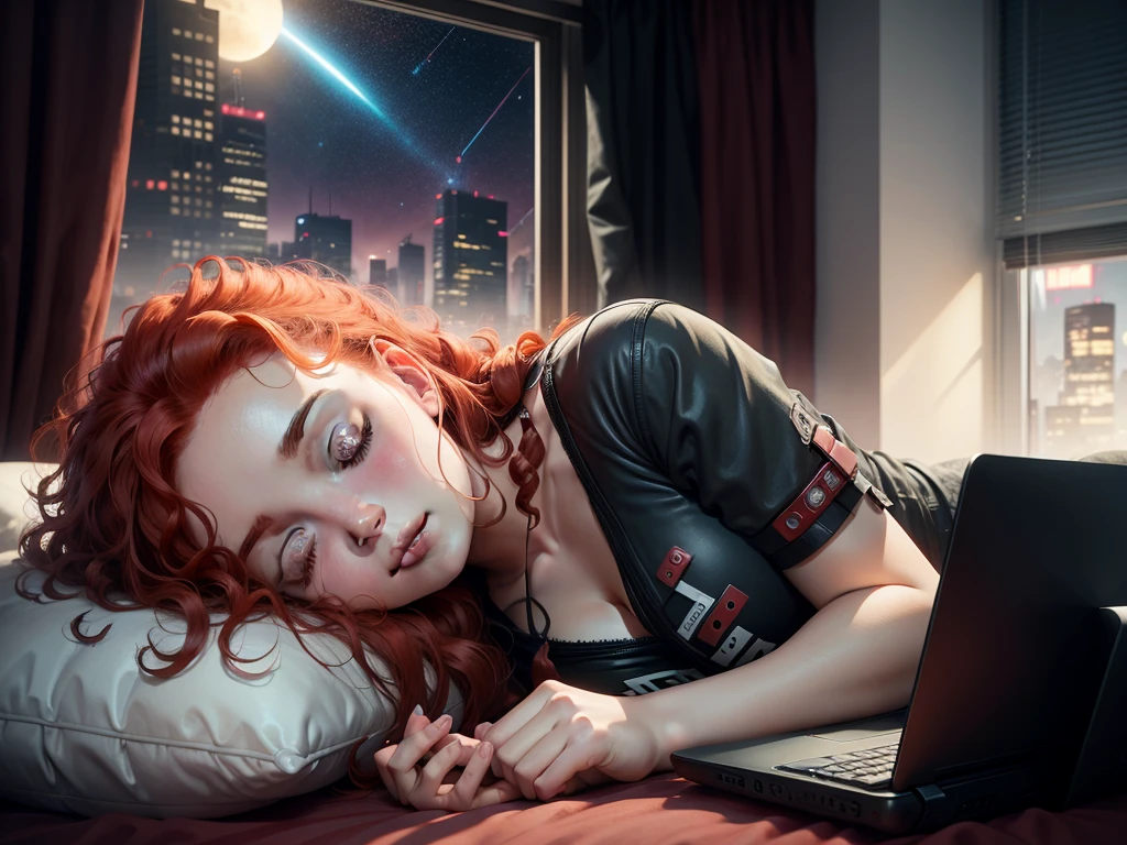 Girl with red curly hair sleeping on bed, The girl is asleep, lying on a pillow, covered eyes, The Sleeping Man, Bed by the window, Space outside the window, Cyberpunk room, computer, computer desk