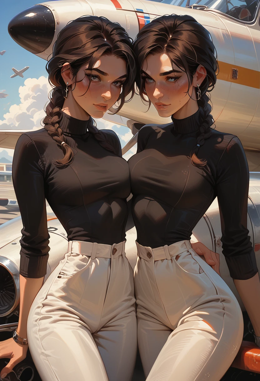 Lara Croft, average breasts, detailing face, detailing body, black longsleeve, white pants, detailing face, fun, private jet, a party on a plane, friends, friends man, friends girl, alcohol