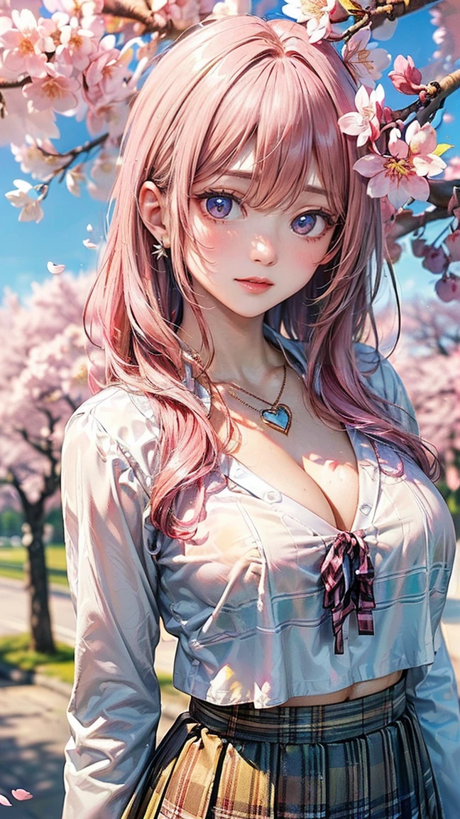 ((Highest quality, 8k, masterpiece :1.3)), (Sharp focus :1.2, Beautiful woman with perfect figure :1.4, Slim Abs :1.2), ((Big Breasts, Emphasize cleavage, The underboob is visible:1.3)), (Photorealistic:1.4), (realistic:1.4), (Pink Hair:1.5), Highly detailed face and skin texture, Fine grain, double eyelid. Makeup face, A little bit of lipstick, sex appeal, Sexy gravure pose, ((Yellow checked skirt and white blouse、The background is a row of cherry blossom trees、A high school girl smiling lightly、Heart Necklace。:1.3)