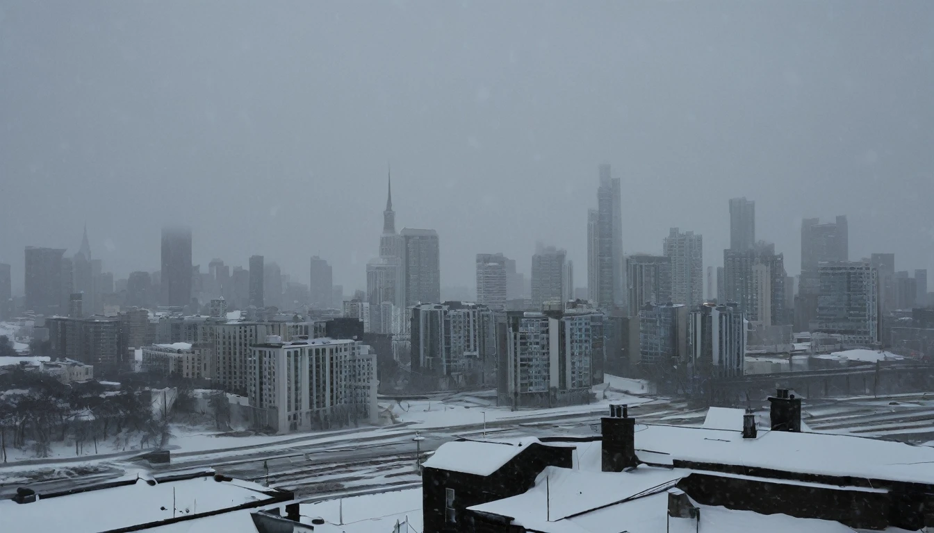 Cityscape, architecture, Non-human, cold sky,(blizzard:1.5), Snowstorm, City, dark sky, cold，Covered in heavy snow，Close-up of a building，View from the window，Huge steam coming out of the ground