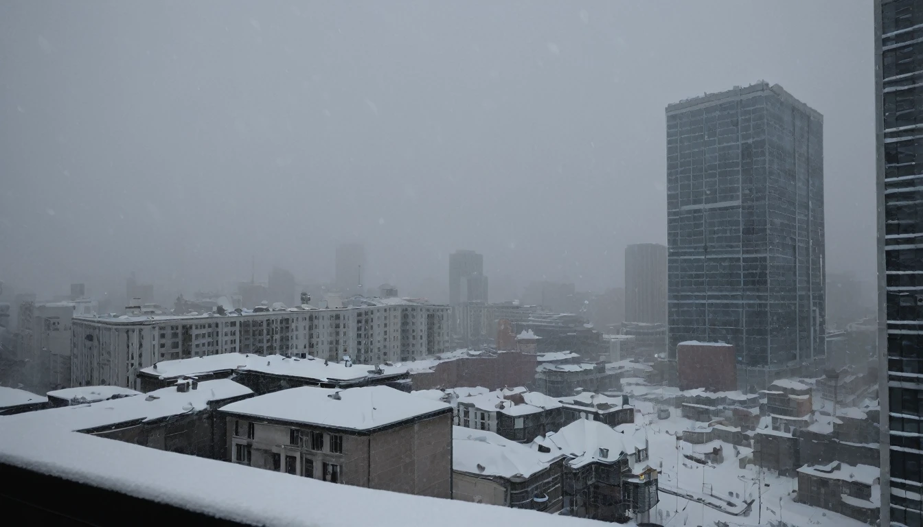 Cityscape, architecture, Non-human, cold sky,(blizzard:1.5), Snowstorm, City, dark sky, cold,Covered in heavy snow,Close-up of a building,View from the window,Huge steam coming out of the ground