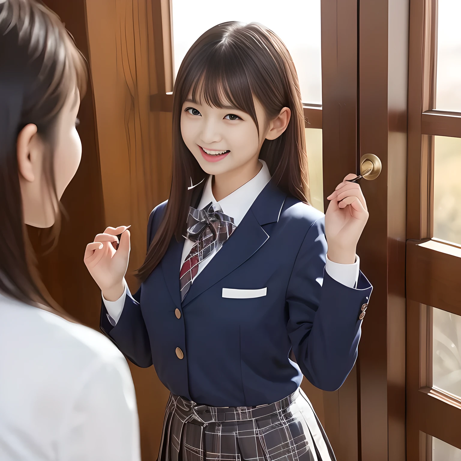 (Highest quality, masterpiece:1.2), Highest quality, High resolution, 1080P, 8k, height: 165cm, ((A noble, graceful and intelligent girl who looks like a best proportion Japanese young lady is turning around and giggling in a strong wind)), ((So sweet, very noble, neat, and pretty Japanese beautiful cute girl)), ((A real, very girly, sweet, cute and noble girl)), ((((A beautiful Japanese cute fashion model)))), ((((Very pure white face and limbs)))), Glossy Lips, (Evenly cut bangs), ((Very beautiful, droopy, cute, pure, noble brown eyes)), ((Super long, black straight hair that reaches the floor)), (Very shiny, glossy Lips), ((Beautiful straight hair like a school promotion model)), Watch at you, ((Incredibly well organized, Rich facial expressions)), ((Plump and beautiful white skin and face)), ((Pure, clear, gentle brown eyes)), ((staring at me)), Glossy Lips, ((noble and elegant)), Very beautiful blue skirt, ((Large upward-curving lips)), White Hand, (((Navy Japanese school blazer with noble golden emblem))), ((Navy and sapphire blue Japanese school uniform)), ((Tartan check pattern pleated long skirt)), ((Cobalt blue string chest ribbon)), ((((An ecstatic expression of boundless joy)))), ((plain white background)), ((perfect body)), (((hair beauty magazine for young girls))), (everyone is eager to touch her hair)