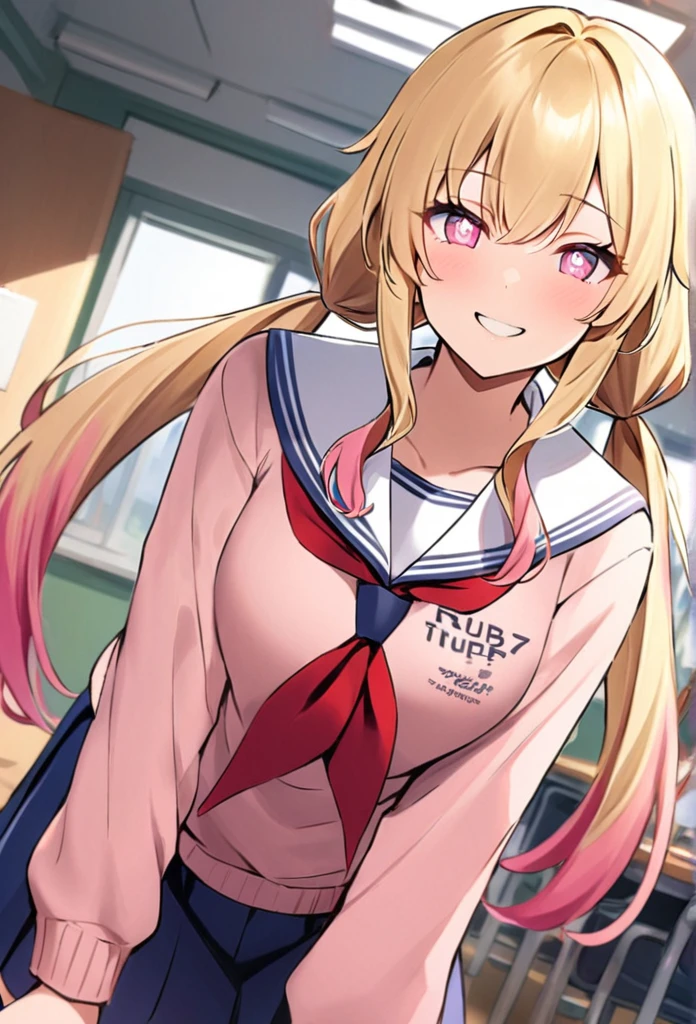 score_9, score_8_up, score_7_up, source_anime,
rubyhoshino, ruby hoshino, long hair, bangs, blonde hair, pink eyes, sidelocks, symbol-shaped pupils, multicolored hair, two-tone hair,
side ponytail, long sleeves, , serafuku, sailor collar, neckerchief, cardigan, red neckerchief, white sailor collar, skirt, blue skirt,
indoors, classroom, bent over, smile,
looking at viewer, cowboy shot, dutch angle, solo,shirt, long sleeves, sweater, clothes writing, yellow shirt,shirt, twintails, pants, low twintails, t-shirt, clothes writing, pink shirt,