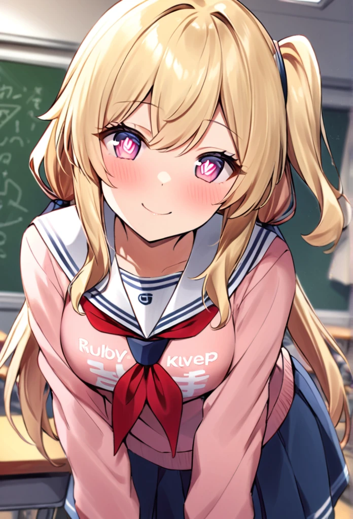 score_9, score_8_up, score_7_up, source_anime,
rubyhoshino, ruby hoshino, long hair, bangs, blonde hair, pink eyes, sidelocks, symbol-shaped pupils, multicolored hair, two-tone hair,
side ponytail, long sleeves, , serafuku, sailor collar, neckerchief, cardigan, red neckerchief, white sailor collar, skirt, blue skirt,
indoors, classroom, bent over, smile,
looking at viewer, cowboy shot, dutch angle, solo,shirt, long sleeves, sweater, clothes writing, yellow shirt,shirt, twintails, pants, low twintails, t-shirt, clothes writing, pink shirt,