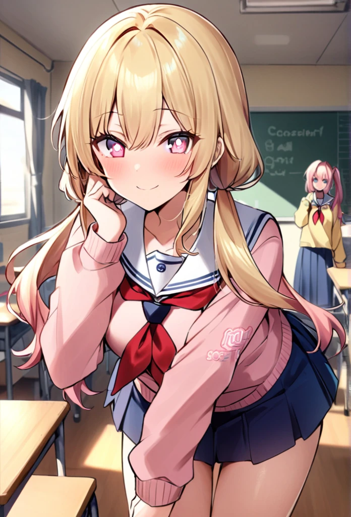 score_9, score_8_up, score_7_up, source_anime,
rubyhoshino, ruby hoshino, long hair, bangs, blonde hair, pink eyes, sidelocks, symbol-shaped pupils, multicolored hair, two-tone hair,
side ponytail, long sleeves, , serafuku, sailor collar, neckerchief, cardigan, red neckerchief, white sailor collar, skirt, blue skirt,
indoors, classroom, bent over, smile,
looking at viewer, cowboy shot, dutch angle, solo,shirt, long sleeves, sweater, clothes writing, yellow shirt,shirt, twintails, pants, low twintails, t-shirt, clothes writing, pink shirt,