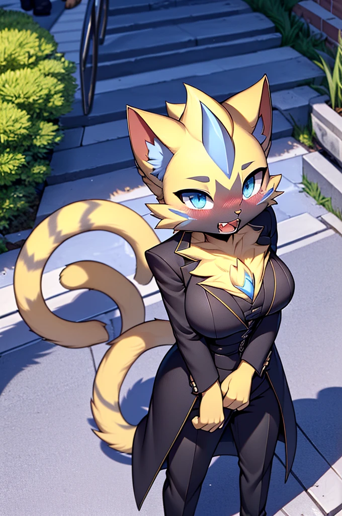 zeraora lora (zeraora)(woman) (small size tits), blush, (27 years old)(young adult),  1girl, 1boy, (good anatomy), (cat teeth),, (front view), perfect body, detailed eyes, sidewalk, solo, feline, [blue] standing, standing straight, medium size ass, detailed mouth, (tailored suit), (black dress pants)