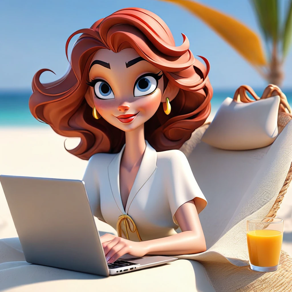 Metade desna (Marketing Digital)
fund: A sunny beach with white sand and blue sea, or a modern, well-decorated home with a panoramic view of an exotic location.
persona: the same person (for contrast effect), now wearing casual and comfortable clothes, sitting on a beach chair with a laptop or tablet in her hands, working remotely.
Additional Elements: A cocktail or juice on the side, a satisfied smile on your face and a relaxed posture. Maybe there's an open suitcase next to it, suggesting the flexibility of traveling.
atmosphere: Bright and colorful, with a feeling of freedom, joy and personal fulfillment. O sol brilha intensamente, criando um ambiente acolhedor e vibrante.
Left Text: "Traditional Work: No Freedom"
desna: "Marketing Digital: Free and Flexible Life