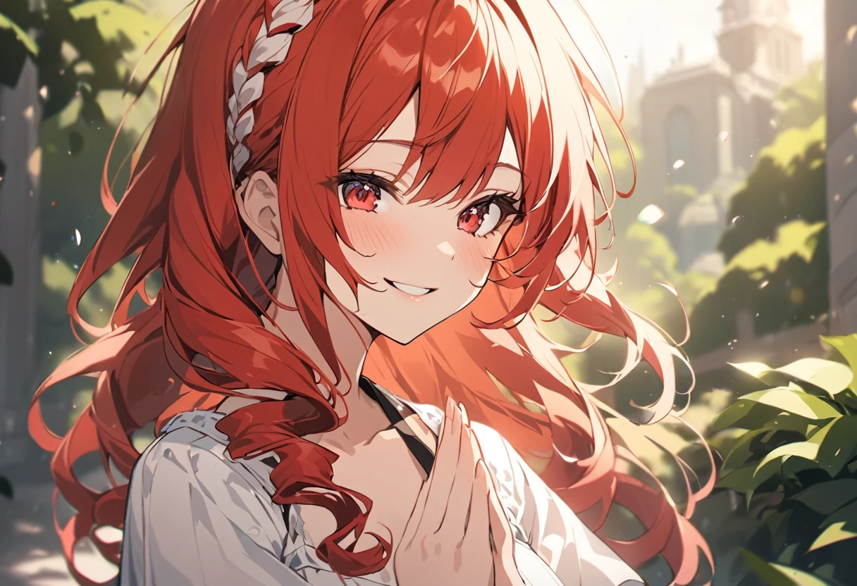 score_9, score_8_superior, score_7_superior, sauce_anime, One girl,Red eyes,smile, Outdoor, Highest quality, Redhead, Ringlet, prayer, Portraiture, White sundress,