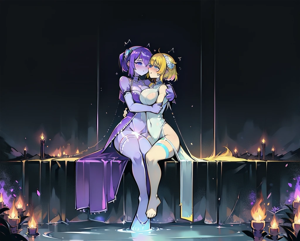 Two girls touching lips，A girl with purple hair，Transparent purple eyes，Another girl with yellow hair，Clear blue eyes，Medieval Lolita Style Clothing，Sit and hug，Look at each other affectionately，Cool，Violet，iris，Sunshine，Surrounded by greenery，Transparent stream flowing，Tyndall effect，Light up the fire，starlight：1.8，Clear shape，Detailed description of appearance：Perfect beautiful clear appearance，Normal human body，Transparent green，Light color strokes，{{{Transparent color：3.3}}}softbrush：1.8，Transparent character details，Perfect light color，suspended congress, face focus, standing, hug, leg lock, breast press,straddling,arms around neck, lifting person