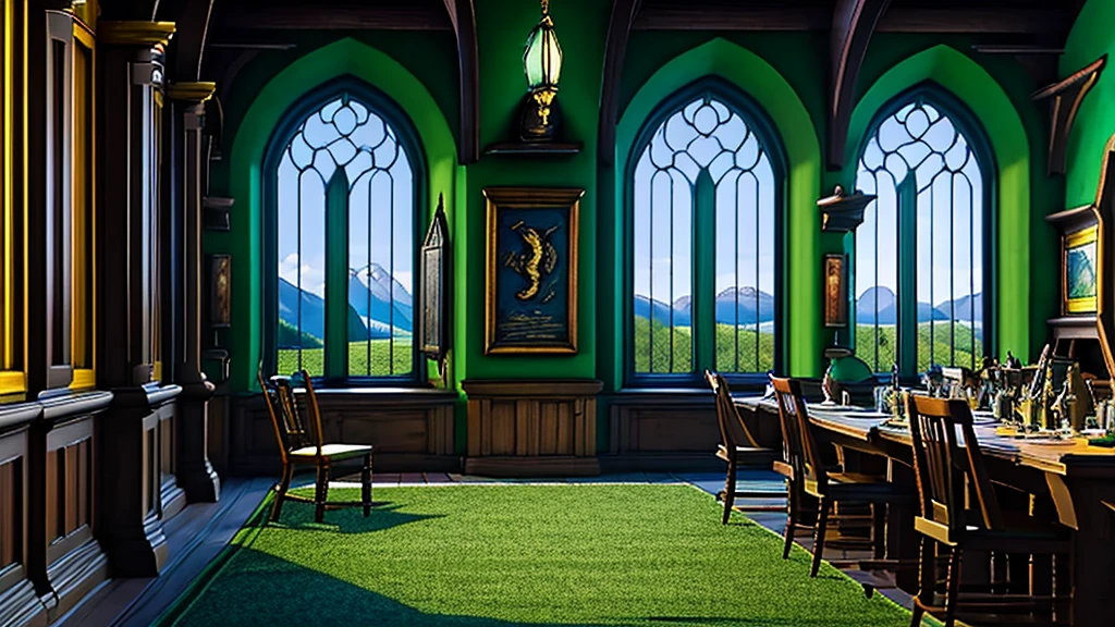 masterpiece,Highest quality,Realistic illustrations,Classic,Fantasy Full HD,Dark Room,Wide々,Arched Windows,I see the lake,Dark navy green carpet,green and bronze silk hangs on the walls,machine,Chair,Book棚,Quill pen,Book,Luna Lovegood «Ravenclaw Common Room» «Harry Potter Movie World»
