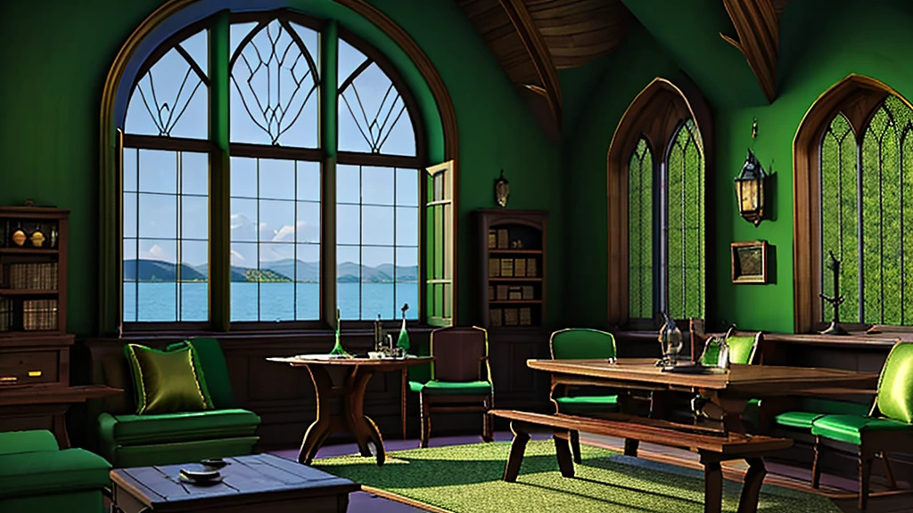 masterpiece,Highest quality,Realistic illustrations,Classic,Fantasy Full HD,Dark Room,Wide々,Arched Windows,I see the lake,Dark navy green carpet,green and bronze silk hangs on the walls,machine,Chair,Book棚,Quill pen,Book,Luna Lovegood «Ravenclaw Common Room» «Harry Potter Movie World»
